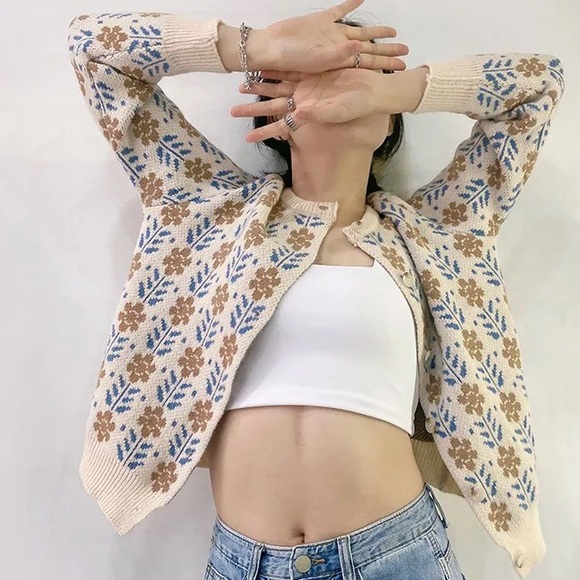 Sweater cardigan flower knit button blue cream gray  khaki long sleeve - Picture 10 of 10